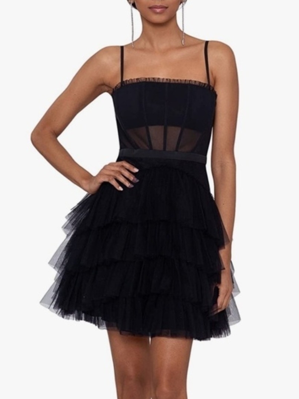Betsy & Adam Black Tiered Tulle Mini Dress with Sheer Bodice